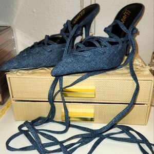 Denim Stilletos w/Wrapping Ankle Ties